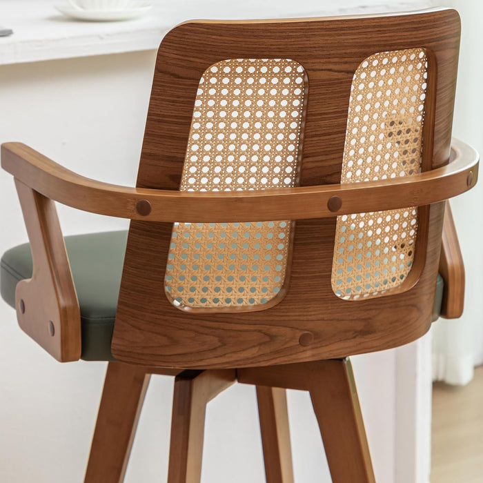 Counter Stools Set of 2 - 27 Inch Swivel Counterstools with Rattan Back, Curved Arms, Upholstered Seat, Adjustable Bamboo Legs, Counter Top Stools for Island/Pub/Kitchen (27" Seat Height, Green)