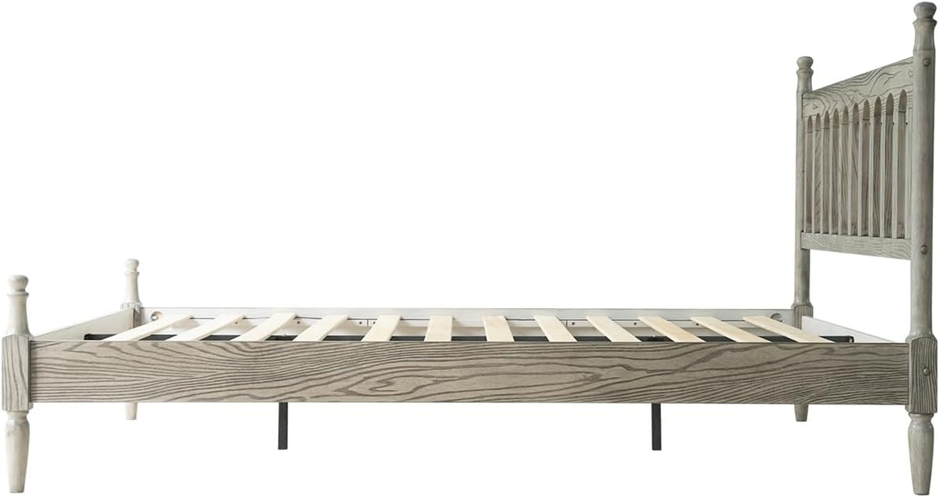 Queen Size Bed Frame, Solid Wood Platform Bed with Headboard & Footboard, Central Metal Legs, 12 Sturdy Slatted Base, Anti-Noise & Slip-Free, No Box Spring Needed, Weathered Gray Oak Finish WCQ-34