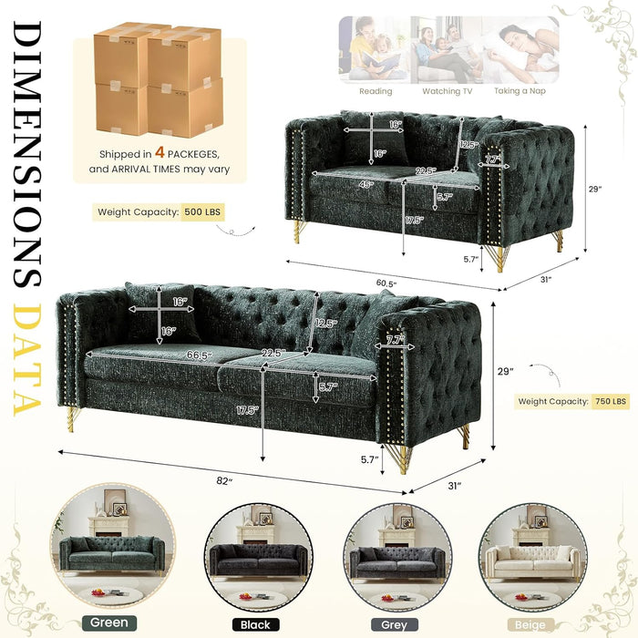 2 Pieces Chenille Living Room Furniture Sofa Couch Set,Button Tufted Comfy Couch with Nailhead Trim&Metal Legs,Mid Century Modern Couch and Loveseat Sets for Living Room(Loveseat+3 Seater Sofa,Green)