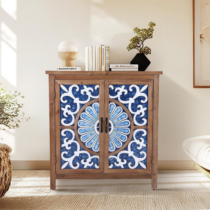 Accent Storage Cabinet with 2 Doors, Wood Distressed Porcelain Front Buffet Sideboard Storage Cabinets Display Cabinet for Living Room Entryway Kitchen, Wood and Blue
