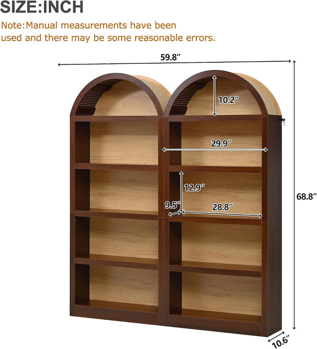 Farmhouse Bookshelf Set of 2, Freestanding Tall Bookcase with Two-Tone Finish & Fabric Arched Top, 5-Tier Open Storage Cabinet for Living Room, Home Office, Bedroom, Walnut