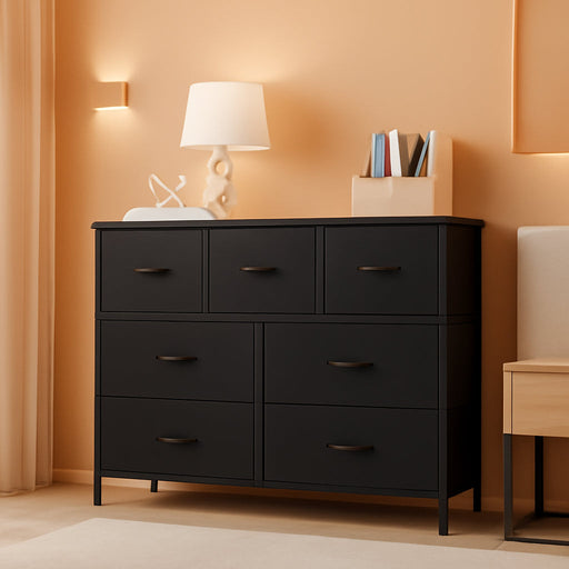 Dresser for Bedroom, 7 Storage Drawers, Anti-Tip Wide Fabric Closet Chests Organizer Tower Furniture, TV Stand for TV up to 45 Inch with Wooden Top Metal Frame for Clothes, Living Room