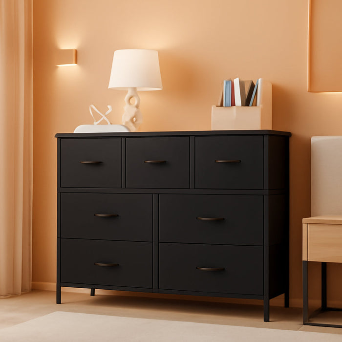 Dresser for Bedroom, 7 Storage Drawers, Anti-Tip Wide Fabric Closet Chests Organizer Tower Furniture, TV Stand for TV up to 45 Inch with Wooden Top Metal Frame for Clothes, Living Room