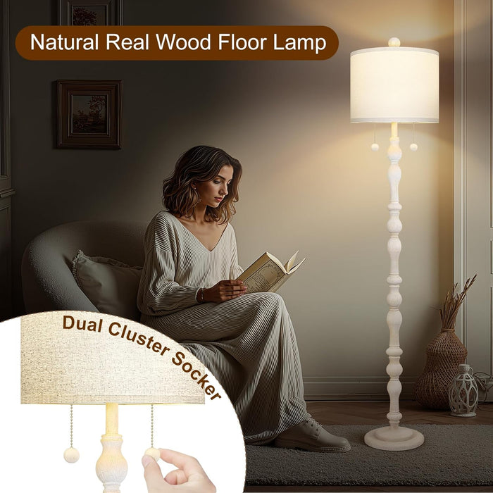 65.5” Natural Real Wood Floor Lamp for Living Room Bedroom, Dual S Cluster Socket, Pull Chains Switch, Farmhouse Tall Standing Lamp with Linen Shade for Home Room Decor (Bulbs Included)
