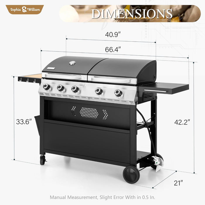 Propane Gas Grill and Griddle Combo with Porcelain-Enameled Cast Iron Grates, Dual Outdoor BBQ Grill with Flat Top Griddle for Barbecue, 696 SQ.IN. Cooking Area