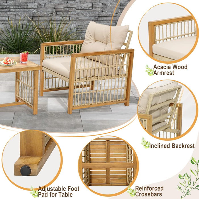 3 Pieces Acacia Wood Patio Furniture Set, PE Wicker Bistro Set with Cushioned Chairs and Coffee Table, Outdoor Conversation Set for Porch, Deck, Balcony, Backyard (Beige)