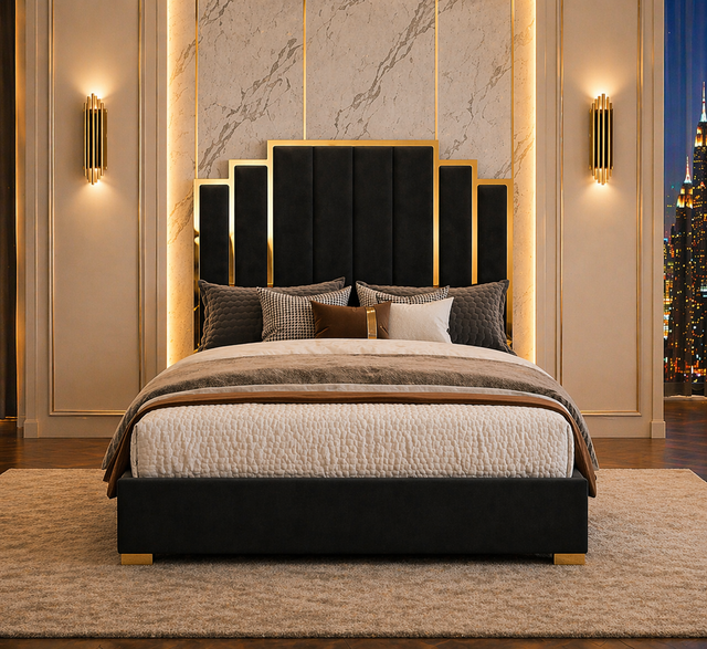 Queen Velvet Platform Bed with Gold Trim and 2 LED Nightstands Set Black