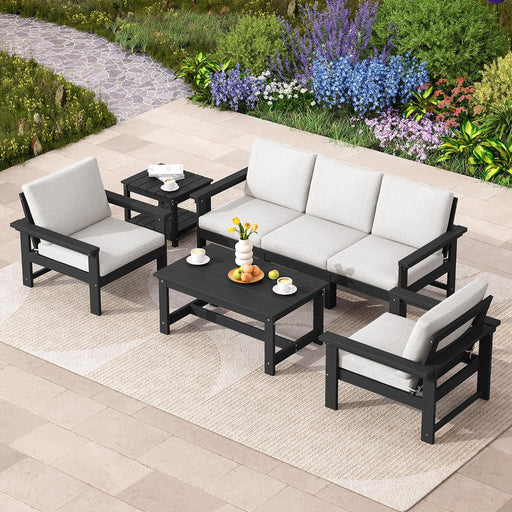 HDPE Outdoor Patio Furniture Set, 7-Piece Outdoor Sectional Patio Conversation Set, All Weather Outdoor Couch Set Patio Sofa Set for Deck, Lawn, Black Frame with Khaki Cushion