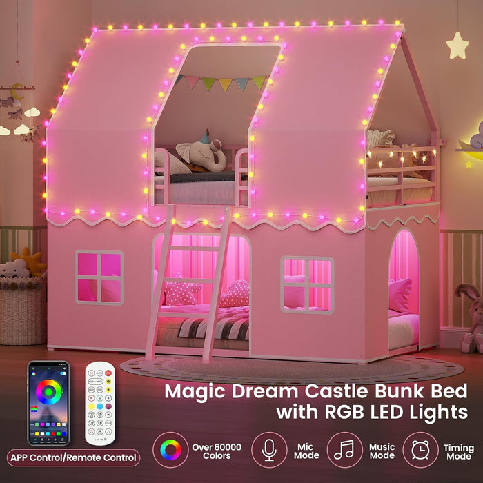 Pink Twin Over Twin Bunk Bed With LED Lights And Play Curtain
