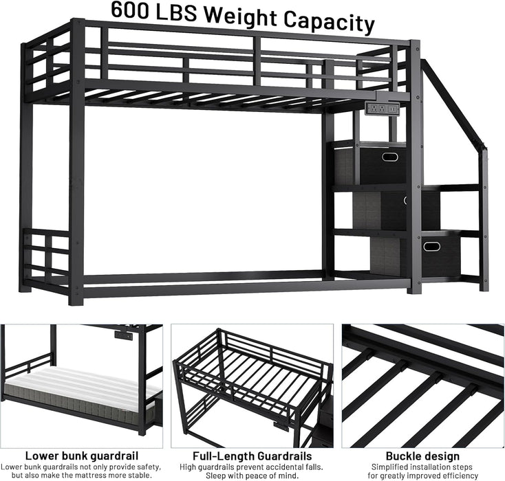 Black Twin Over Twin Metal Bunk Bed StorageDrawers