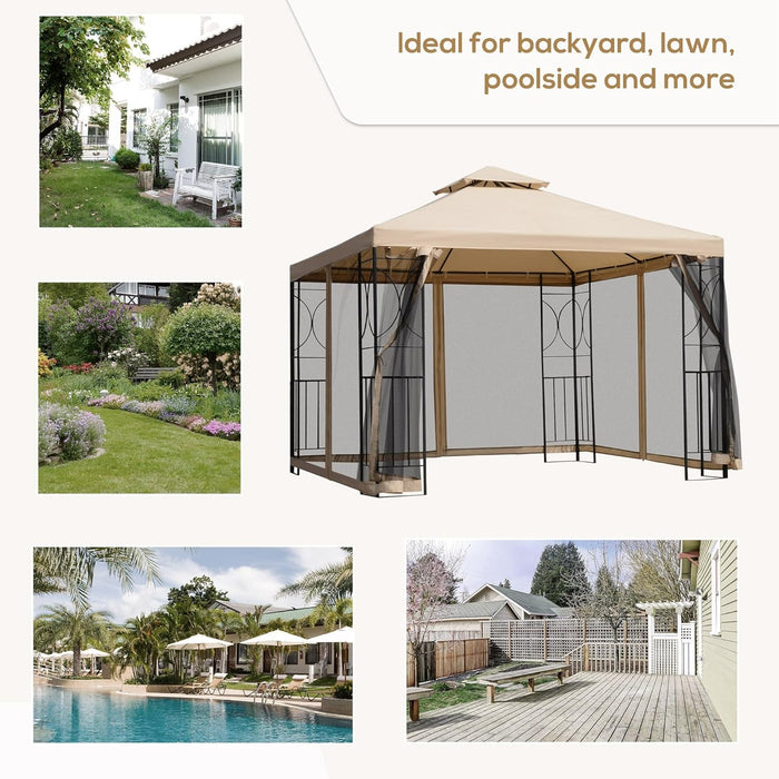 10' X 10' Patio Gazebo with Corner Shelves, Outdoor Gazebo Canopy Shelter with Netting, and Vented Roof, for Garden, Lawn, Backyard and Deck