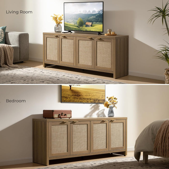 TV Stand for Living Room Boho Entertainment Center for Bedroom with 4 Rattan Cabinets Farmhouse Television Stands with Storage Large Media Console Table for Tvs up to 65 Inch