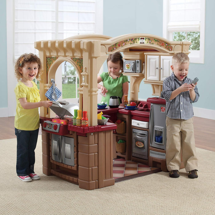Grand Walk-In Kitchen & Grill Kids Playset, Indoor/Outdoor Kitchenette, Interactive Play with Lights and Sounds, Durable Plastic, 103 Piece Toy Accessories, Toddlers 2+ Years Old, Brown/Tan
