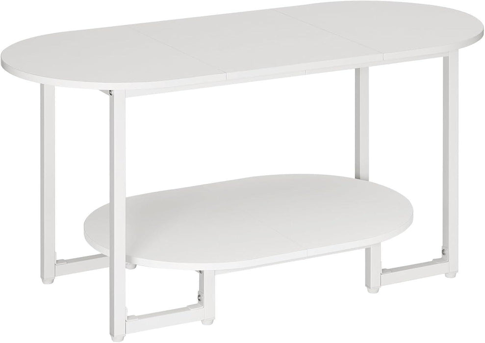 Coffee Table for Living Room, Oval Small Coffee Table with 2-Tier Open Storage Shelf, Industrial Cocktail Tea Table, Wooden Desktop Center Table, Farmhouse, Home Office, White WW09KF01