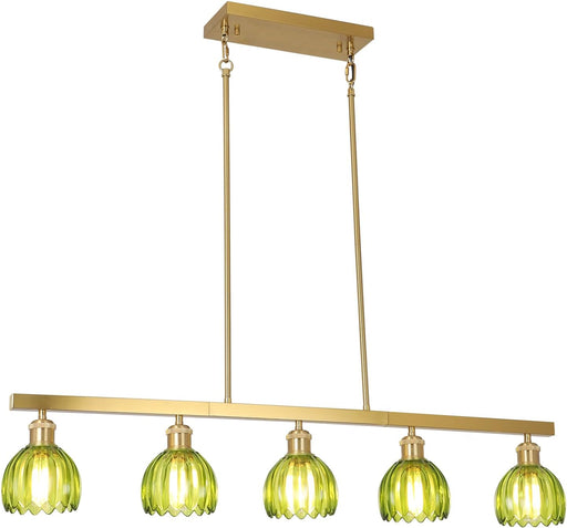 Gold Pendant Chandelier With Emerald Floral GlassShade