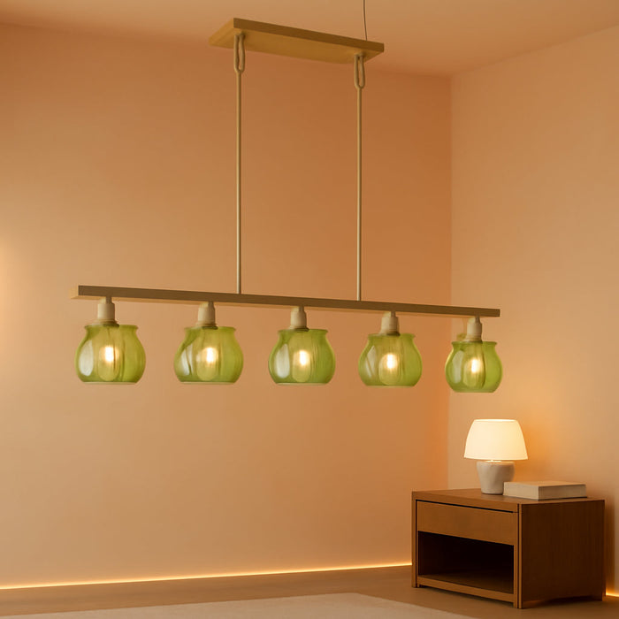 Gold Pendant Chandelier With Emerald Floral GlassShade