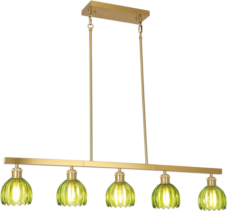 Gold Pendant Chandelier With Emerald Floral GlassShade