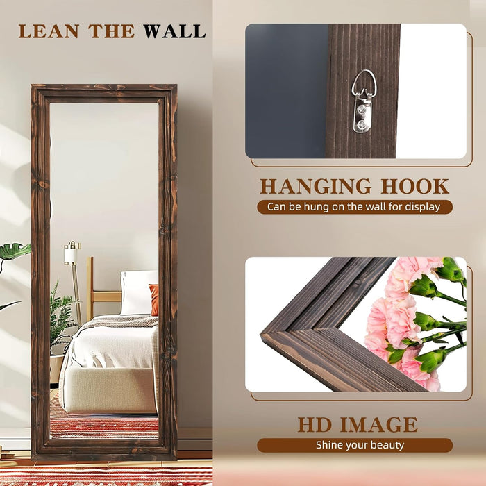 58X22In Full Length Mirror, 3-Tier Stepped Solid Wood Frame, Brown