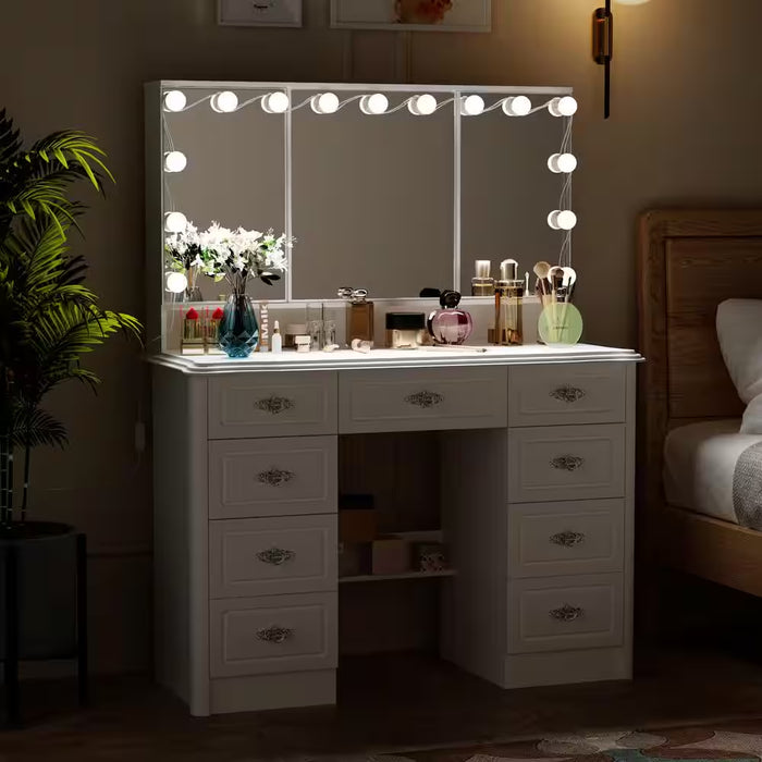 White Makeup Vanity Table Dressing Desk W/3-Mirrors,Lighted Mirror, Drawers, Hidden Storage Shelves Carved Metal Handles