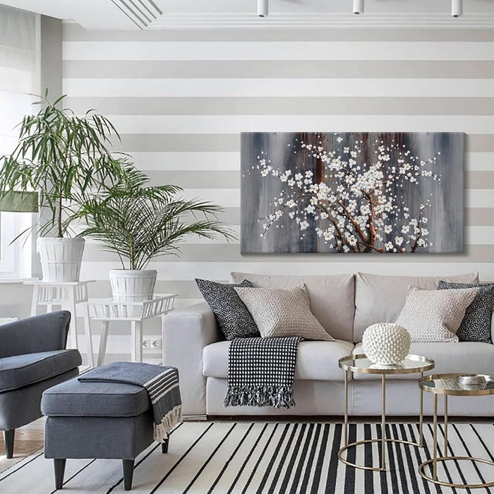 Wall Art for Living Room Large Modern Wall Decor Canvas Paintings for Wall Decorations White Flower Brown Bedroom Office Artwork Plum Blossom Art Prints Framed