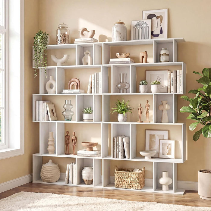 5-Tier Bookshelf, 10-Cube White Geometric Bookcase with 5 Closed-Back Cubbies, Anti-Toppling Kits, Open Display Storage Shelf for Living Room, Home Office, Bedroom