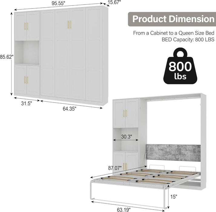 Modern Queen Size Murphy Bed, Hidden Foldable Wall Cabinet Bed Frame with Wood Slat, Space-Saving, No Spring Box Required, 95.85W'', White