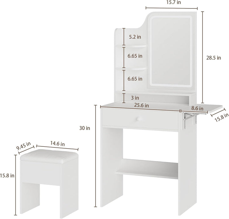 Small Vanity Desk with Mirror and Lights, Makeup Vanity with Charging Station, Compact Dressing Table Set with Storage Chair, Drawer and Shelves for Bedroom, White