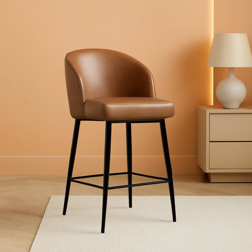 Counter Height Bar Stools Set of 3, 360° Swivel Upholstered Barstools with Backs and Metal Legs, 26" H Seat Height, Faux Leather in Saddle Brown