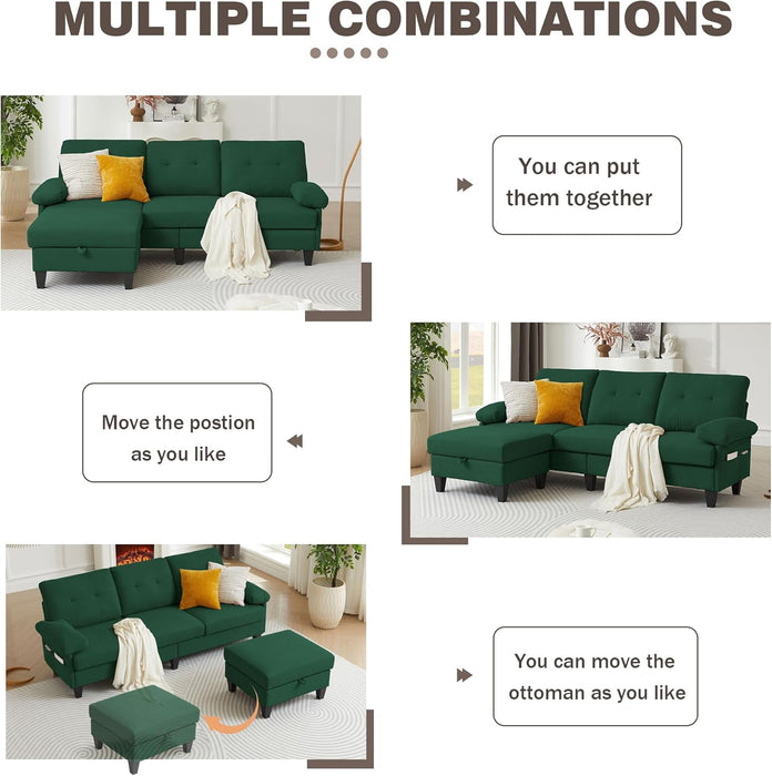 84-Inch Green Convertible L-Shaped Sectional Sofa Chaise