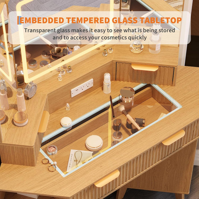 48 in Fluted Makeup Vanity Desk, Large Lighted Corner Vanity with HD Triple Mirror and Lights, Dressing Table with Glass Top & Charging Station for Bedroom