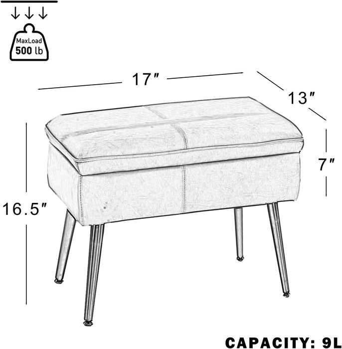 Storage Ottoman Upholstered Stool with Padded Seat, Tufted Vanity Stool with Metal Legs, Accent Stool, Faux Leather, Retro Brown