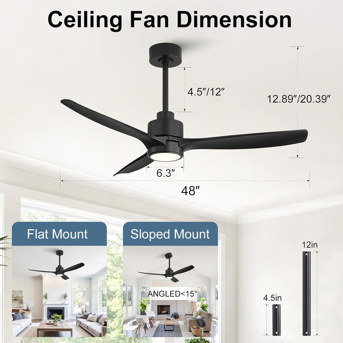 48" Outdoor Ceiling Fans with Lights, Wet Rated Waterproof Indoor Ceiling Fan with Remote, 3 ABS Blades Modern Ceiling Fan, 3CCT, Quiet 6-Speed DC Motor, for Porch Patio Bathroom, Black