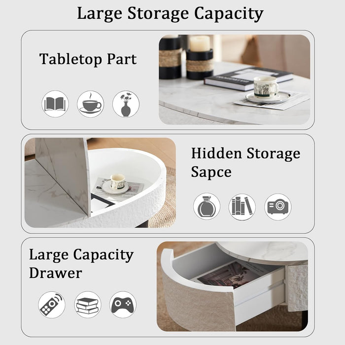 Coffee Table with Faux Marble Tabletop and Hidden Drawer and Storage Space, 47.24" Oval Mid Century Modern Wooden Center Table, Cocktail Tea Table for Living Room Home Office, White