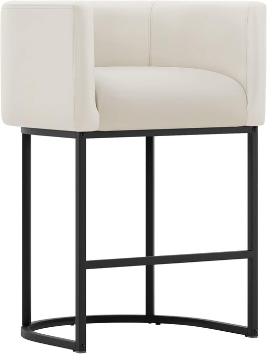 27" H Counter Height Bar Stools, Modern Barrel Counter Stools with Backrest and Arms, Black Metal Frames, Faux Leather Upholstered Accent Barstools for Kitchen Island, Antique White