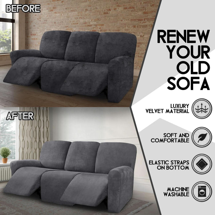 Velvet 8-Pieces Recliner Sofa Covers Stretch Reclining Couch Covers for 3 Cushion Reclining Sofa Slipcovers Furniture Covers Thick Soft Washable (3 Seater Recliner Cover, Dark Gray)