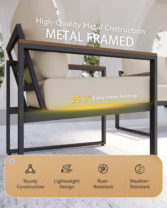 Patio Furniture Set, 4 Piece Outdoor Patio Furniture with Thick Cushions, Modern Metal Outdoor Conversation Sets with Coffee Table for Porch, Balcony, Deck Cream