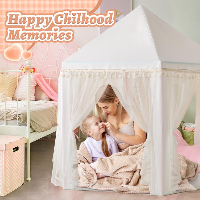 White Princess Tent Girls Tassel Decor Large Playhouse Kids Castle Play Tent with Star Lights Toy for Children Indoor and Outdoor Games, 55'' X 53'' (White Princess Tent with Tassel)