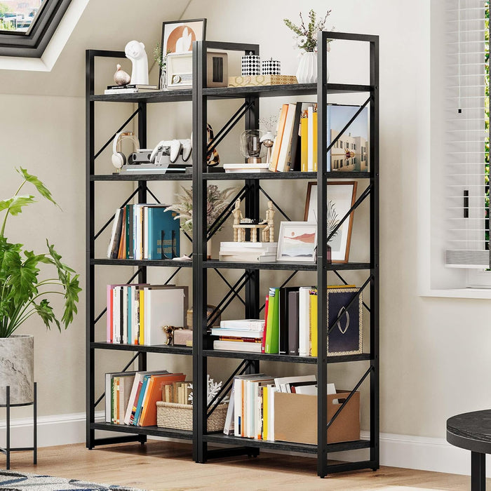 5 Tier Bookshelf 2 Pack, Black Bookcase Storage Organizer, Modern Book Shelf Storage Rack Shelves for Bedroom, Living Room, Home Office, Black