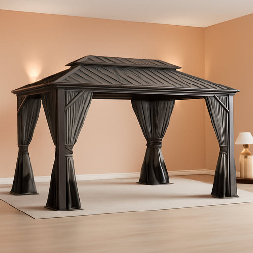 12'X20' Hardtop Gazebo, Outdoor Double Roof Canopy with Netting and Curtains, Galvanized Metal Frame, Sunshade for Patio, Backyard, Deck and Lawns-Gray
