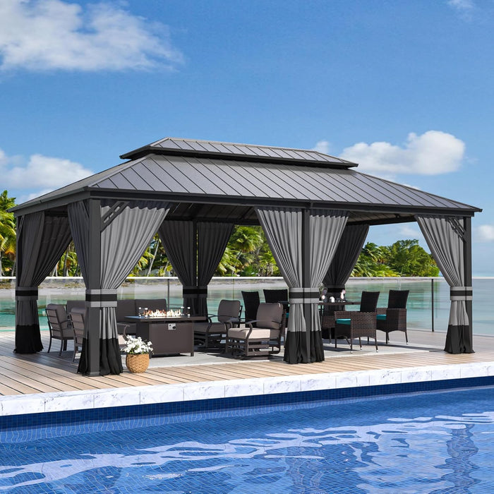 12'X20' Hardtop Gazebo, Outdoor Double Roof Canopy with Netting and Curtains, Galvanized Metal Frame, Sunshade for Patio, Backyard, Deck and Lawns-Gray