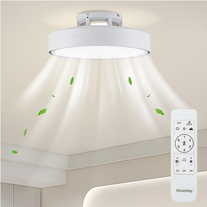 Ceiling Fans with Lights and Remote, Flush Mount Modern Bladeless Ceiling Fan with Light, 6 Speeds, Stepless Dimming and CCT 3000K-6000K LED Lights for Bedroom, Study Room (White, 20.1″)