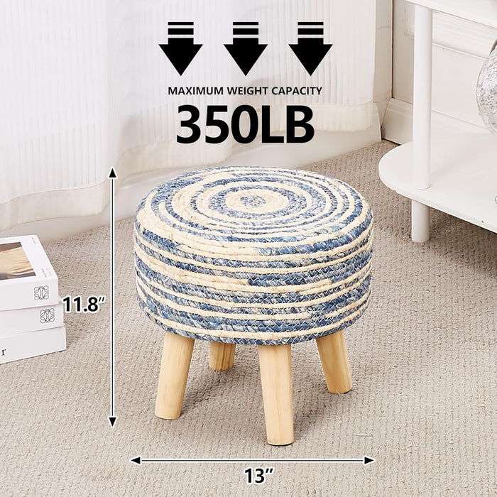 round Ottoman Natural Seagrass Footstool Hand Weave Water Hyacinth Poufs Eco Friendly Sofa Foot Stool Soft Step Stool Padded Foot Rest with Pine Legs for Living Room (Mixed Blue)
