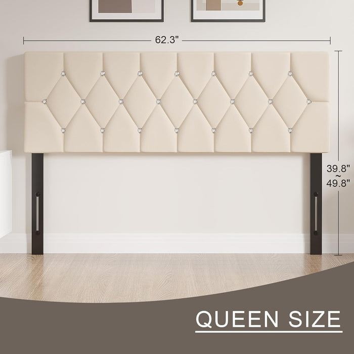 Tufted Upholstered Headboard Queen Size, with 6 Adjustable Height from 39.8" to 49.8", Button Diamond Design, Easy Assembly, Cream Beige