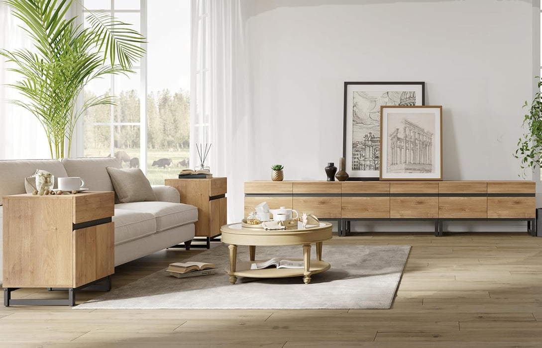 Modern TV Stand for 110 Inch Tvs, 3 in 1 Entertainment Center with Storage Cabinets and Metal Base, Media Console for Living Room, Oak