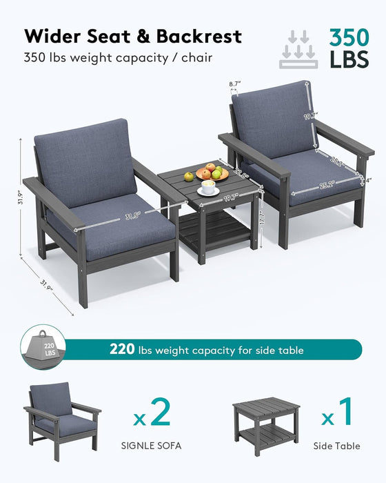 HDPE Patio Sofa Set, 3-Piece Sectional Outdoor Patio Furniture Set, All Weather Patio Couch Set Patio Furniture Set for Deck, Lawn, Grey Frame with Grey Cushion