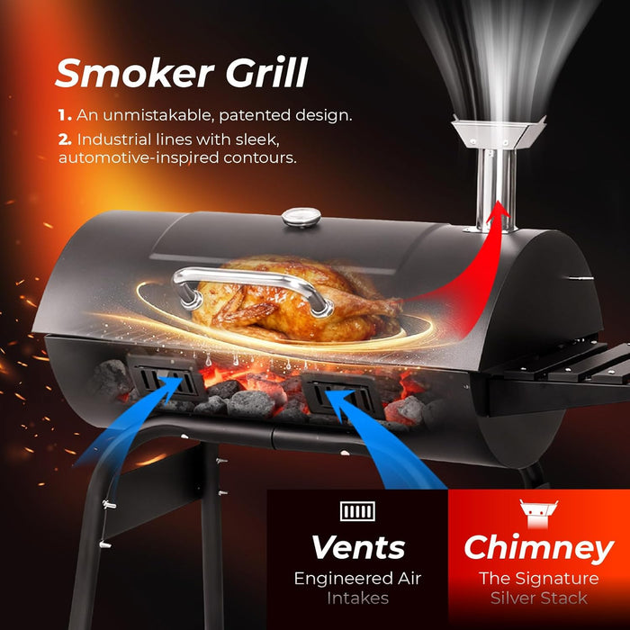Upgraded Barrel Charcoal Grill with 2 Sides Table, BBQ Grill Outdoor Smoker with Wheels for Party Garden Patio and Backyard Cooking 39''D × 24''W × 46''H (Upgraded Grill W/Side Table)