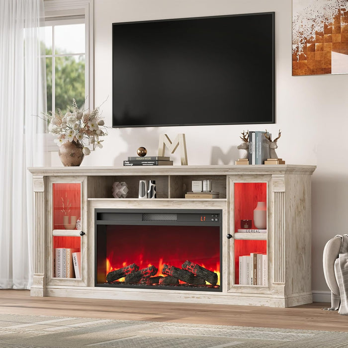 Farmhouse Fireplace TV Stand up to 80" Tvs, 70" Modern Highboy Entertainment Center with 36" Electric Fireplace & LED Lights, Media Console with Adjustable Shelves for Living Room, Antique Brush Gray