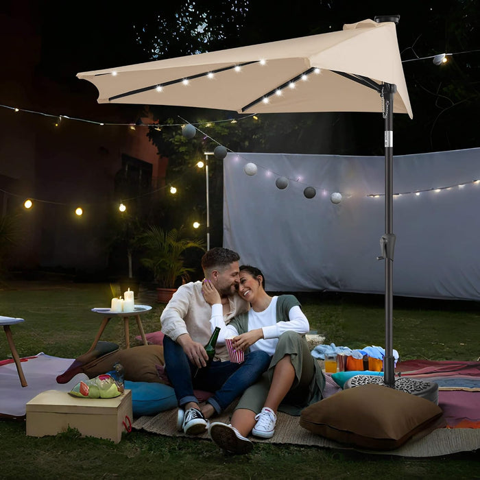 9 Ft Half Patio Umbrella Solar with Push Button Tilt, Beige