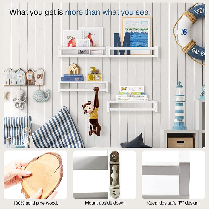 Floating Nursery Book Shelves for Wall Set of 4, White Wall Bookshelf for Kids Room, Small Wood Book Shelf Wall Mounted for Baby Teen Boys Girls Bedoom Bathroom Toy and Decor Storage