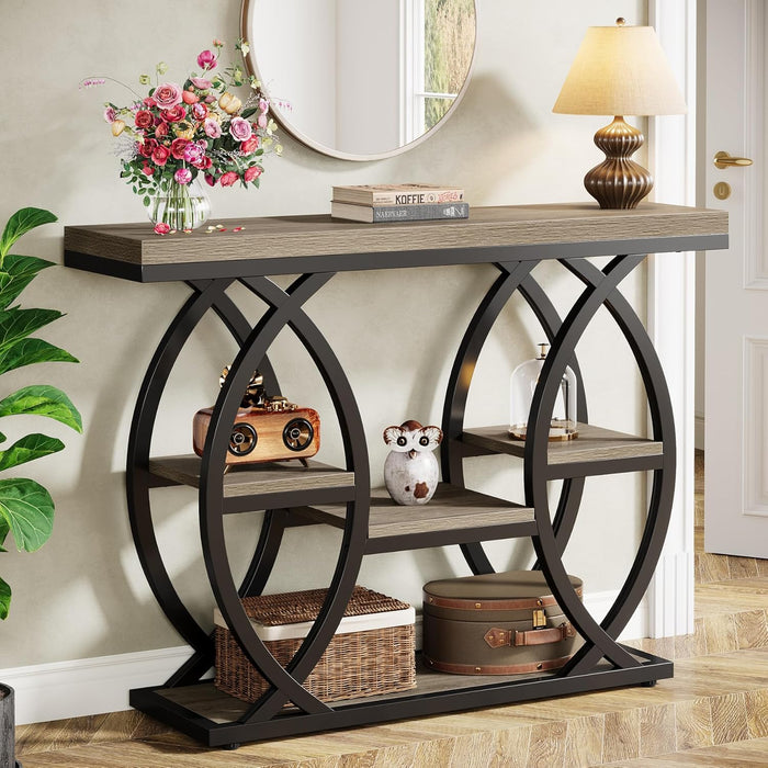 39.4" Console Table, Industrial 4-Tier Sofa Table Entryway Table with Storage Shelves, Narrow Wood Accent Tables with Metal Frame for Small Spaces, Hallway, Foyer, Grey